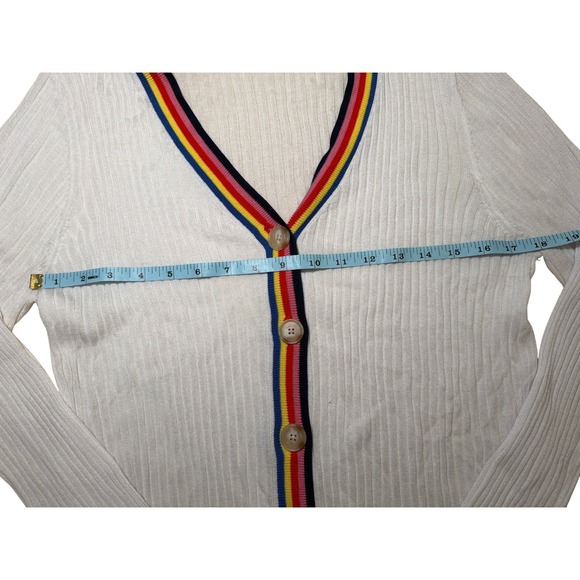 LOFT Cardigan Sweater Womens XL White Good Rainbow Trim Ribbed V-Neck 564849 - Picture 7 of 8